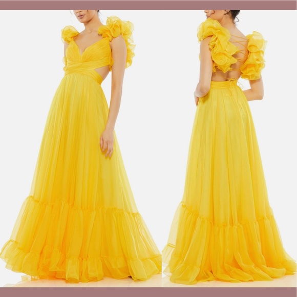Mac Duggal Dresses & Skirts - NWT $598‎ Mac Duggal [ 2 ] Ruffle Tiered Cutout Chiffon Gown Sunshin Yellow